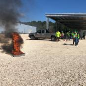 Group of volunteers practicing fire extinguishing